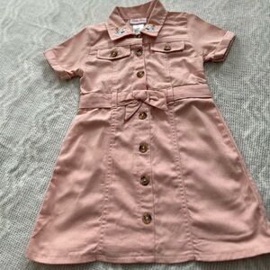 Little Lass Girls Blush Button-Down Dress w Embroidered Flowers